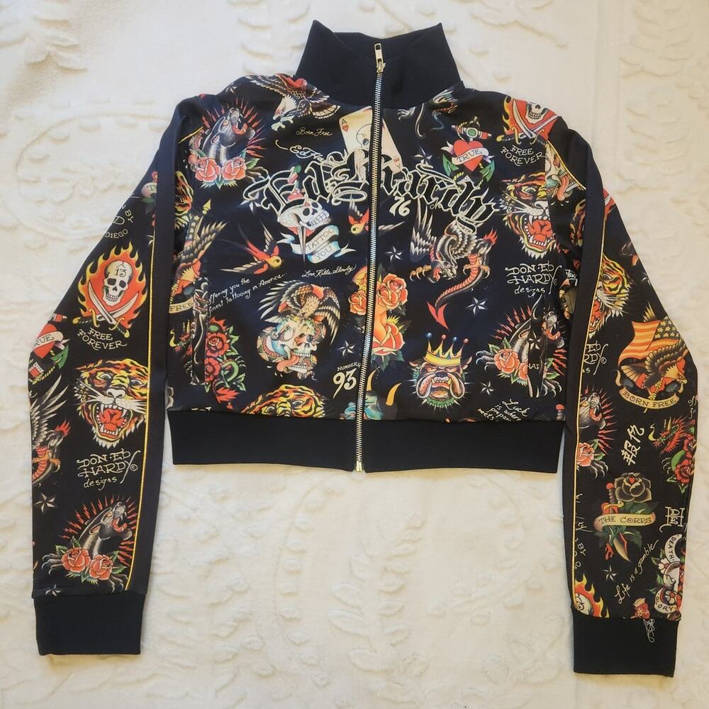 NWT Ed Hardy Cropped Casual Zip All Over Tattoo Track Bomber Jacket Size Medium